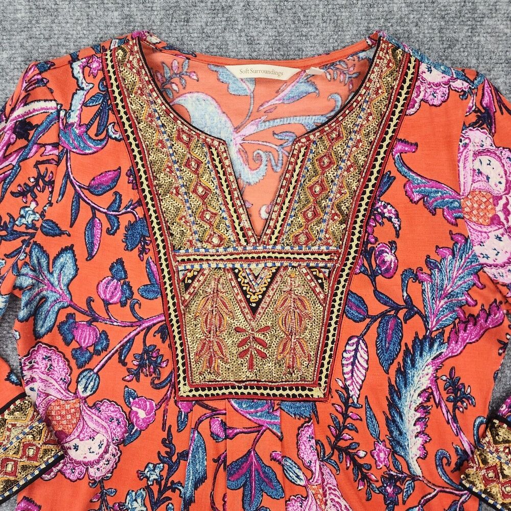 Soft Surroundings Top Womens XS Floral Sequin Embroidered 3/4 Sleeve Boho Tunic - Picture 10 of 16
